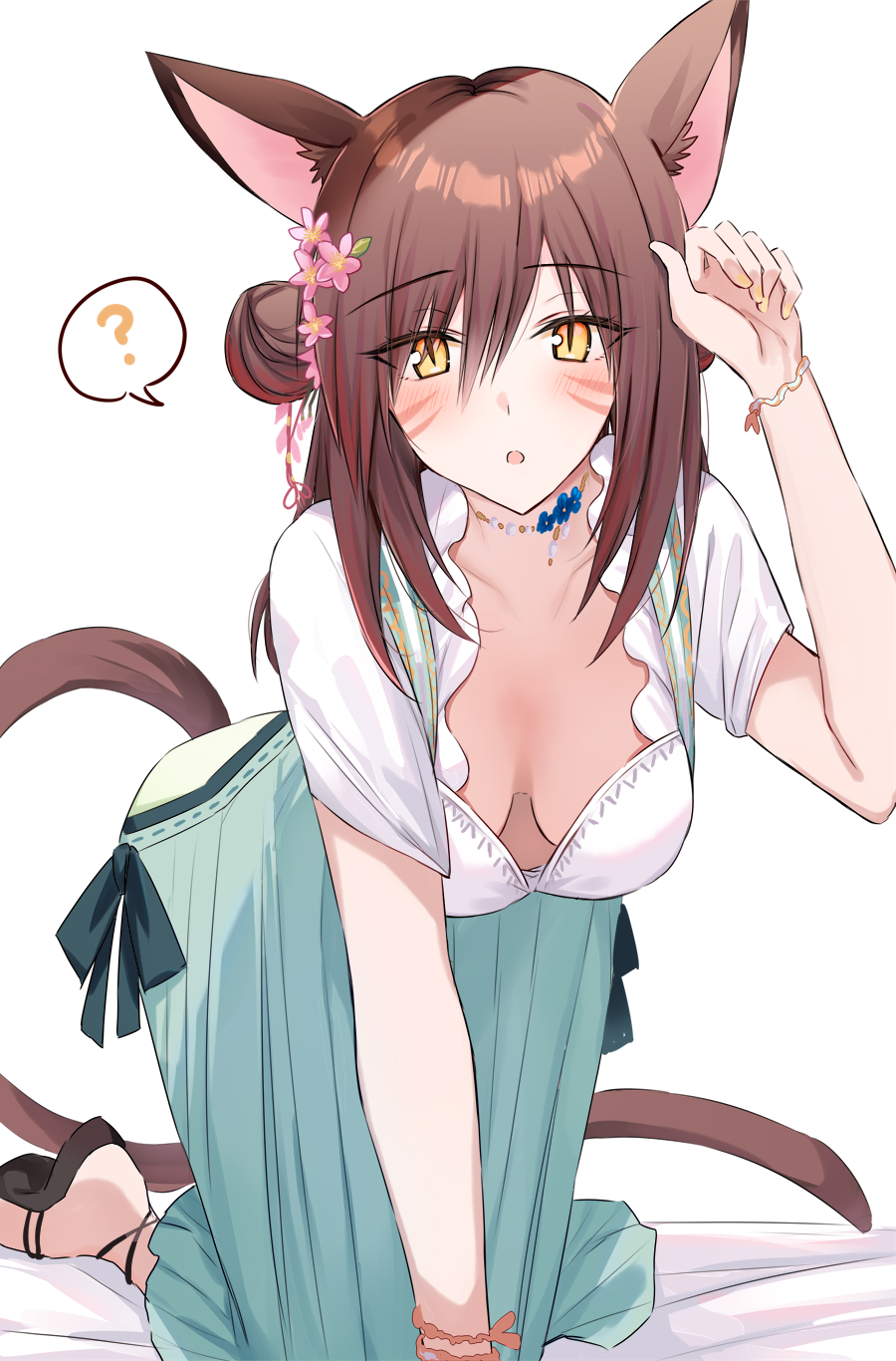 1girl :o ? all_fours animal_ear_fluff animal_ears arm_up bed_sheet blue_skirt blush breasts brown_hair cat_ears cat_girl cat_tail collarbone double_bun downblouse facial_mark final_fantasy final_fantasy_xiv flower hair_between_eyes hair_bun hair_flower hair_ornament highres kinona looking_at_viewer medium_breasts miqo'te multicolored_hair nail_polish parted_lips pink_flower red_hair shirt short_sleeves simple_background skirt solo spoken_question_mark streaked_hair tail warrior_of_light_(ff14) whisker_markings white_background white_shirt yellow_eyes yellow_nails