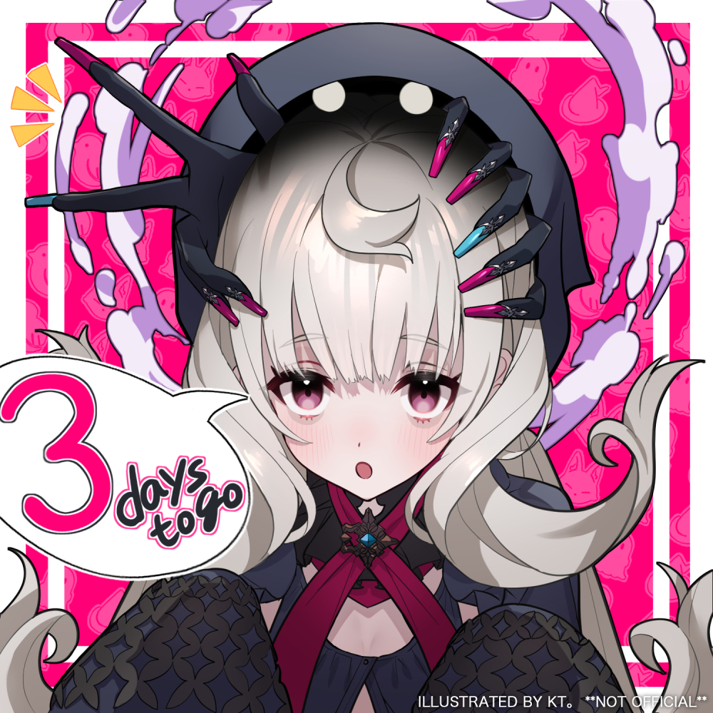 1girl :o ahoge bags_under_eyes blush breasts cleavage countdown english_text grey_hair halo hat kt._(kaisou-notagui) long_hair nijisanji nijisanji_en nose_blush open_mouth red_eyes reimu_endou reimu_endou_(1st_costume) sleeves_past_fingers sleeves_past_wrists solo speech_bubble