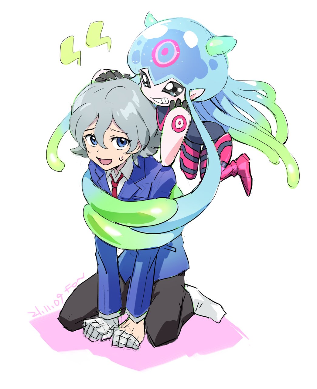 1boy 1girl bandaged_hand bandages black_pants blue_eyes blue_jacket collared_shirt dated digimon digimon_(creature) digimon_ghost_game fon-due_(fonfon) grin hand_on_another's_head higashimitarai_kiyoshiro highres jacket jellyfish_girl jellymon kneeling necktie open_mouth pants red_necktie shirt shoulder_tattoo signature smile socks sweatdrop tattoo tentacles white_background white_shirt white_socks