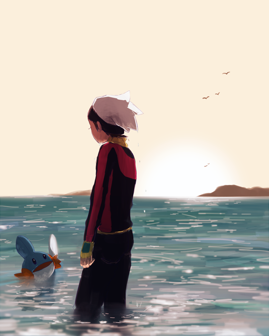 1boy arms_at_sides black_pants brendan_(pokemon) facing_away grey_sky jacket male_focus memi_(gamemix) mudkip ocean outdoors pants pokemon pokemon_(creature) pokemon_oras red_jacket short_hair simple_bird sky wading white_hat