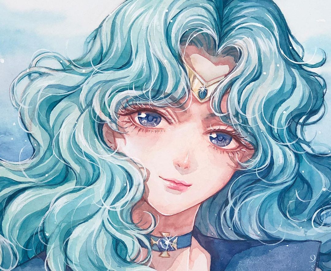 1girl bishoujo_senshi_sailor_moon blue_background blue_choker blue_eyes blue_hair blue_sailor_collar choker circlet close-up commentary_request cross eyelashes kaiou_michiru karin_park korean_commentary looking_to_the_side magical_girl painting_(medium) pink_lips sailor_collar sailor_neptune sailor_senshi_uniform simple_background smile solo traditional_media watercolor_(medium) wavy_hair