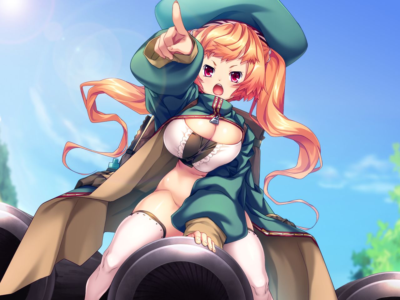 1girl backpack bag breasts cleavage game_cg gradient_hair hikage_eiji kuroinu_2 large_breasts large_hat long_hair long_sleeves mel_mel multicolored_hair no_panties no_pants open_mouth orange_hair red_eyes red_hair solo thighhighs twintails two-tone_hair white_legwear