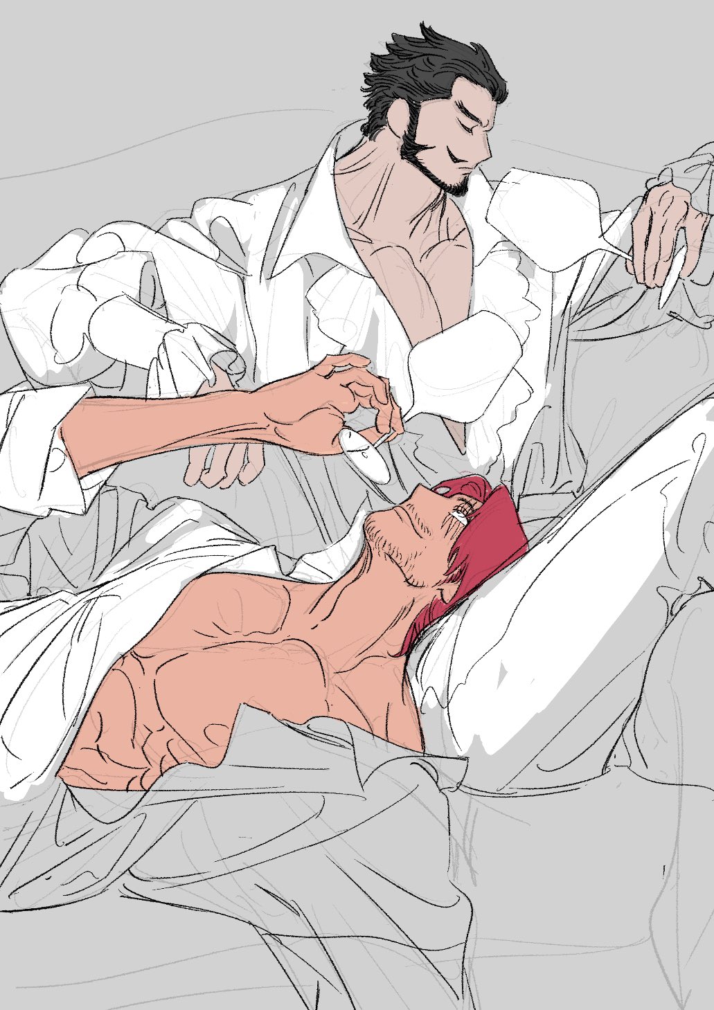 2boys bara bare_pectorals beard closed_eyes couple cup dracule_mihawk drinking drinking_glass facial_hair full_beard goatee_stubble haohaoci highres lap_pillow male_focus mature_male multiple_boys muscular muscular_male mustache_stubble nipples one_piece open_clothes open_shirt pectoral_cleavage pectorals shanks_(one_piece) stubble thick_eyebrows unfinished wine_glass yaoi