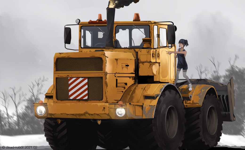 1girl artist_name black_hair bulldozer construction dated dead-robot full_body grey_legwear grey_sky ground_vehicle kirovets_k701 machinery mixed-language_commentary motor_vehicle naked_overalls original outdoors overalls ponytail smoke snow solo thighhighs tree vehicle_focus watermark