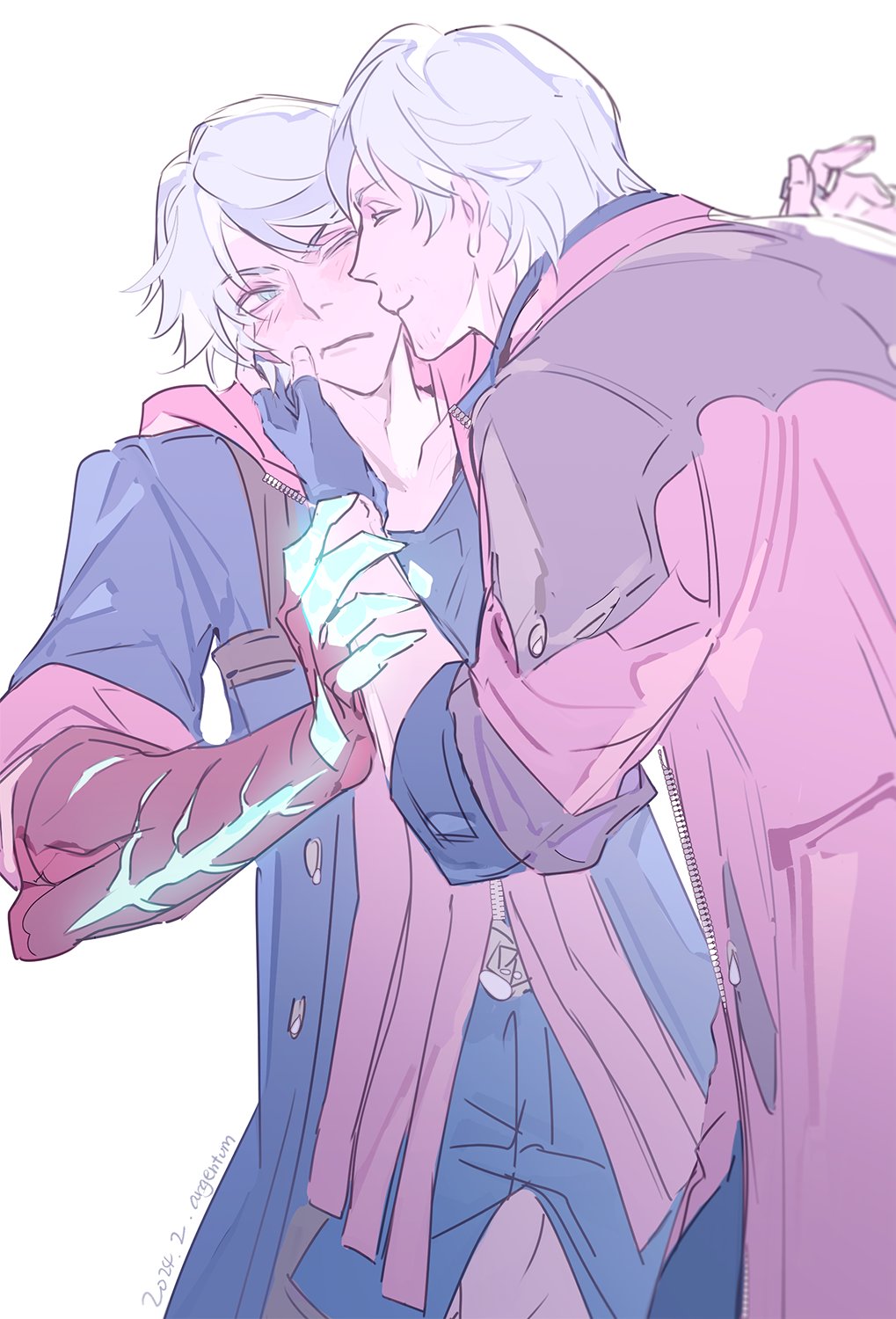 2boys argentum_1121 bishounen blue_eyes blush closed_eyes closed_mouth coat dante_(devil_may_cry) devil_bringer devil_may_cry_(series) devil_may_cry_4 facial_hair family gloves highres holding hood kiss kissing_cheek male_focus mature_male multiple_boys nero_(devil_may_cry) red_coat simple_background smile trench_coat uncle_and_nephew white_hair