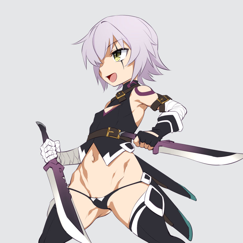 1girl bare_shoulders black_gloves black_panties black_thighhighs breasts fate/apocrypha fate_(series) fingerless_gloves funnyari gloves grey_background holding holding_knife holding_weapon jack_the_ripper_(fate/apocrypha) knife navel open_mouth panties purple_hair scar scar_across_eye short_hair simple_background small_breasts smile solo tattoo thighhighs thong underwear weapon yellow_eyes