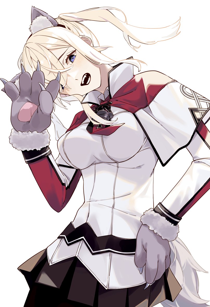 1girl animal_ear_fluff animal_ears animal_hands black_pantyhose black_skirt blonde_hair blue_eyes blush breasts capelet celtic_knot cross fake_animal_ears fake_tail fangs fur_trim gloves graf_zeppelin_(kancolle) hair_between_eyes hand_on_own_hip ichiroku_(sakumogu-029) iron_cross kantai_collection long_hair looking_at_viewer medium_breasts military_uniform necktie open_mouth pantyhose paw_gloves pleated_skirt simple_background skirt solo tail twintails uniform white_background