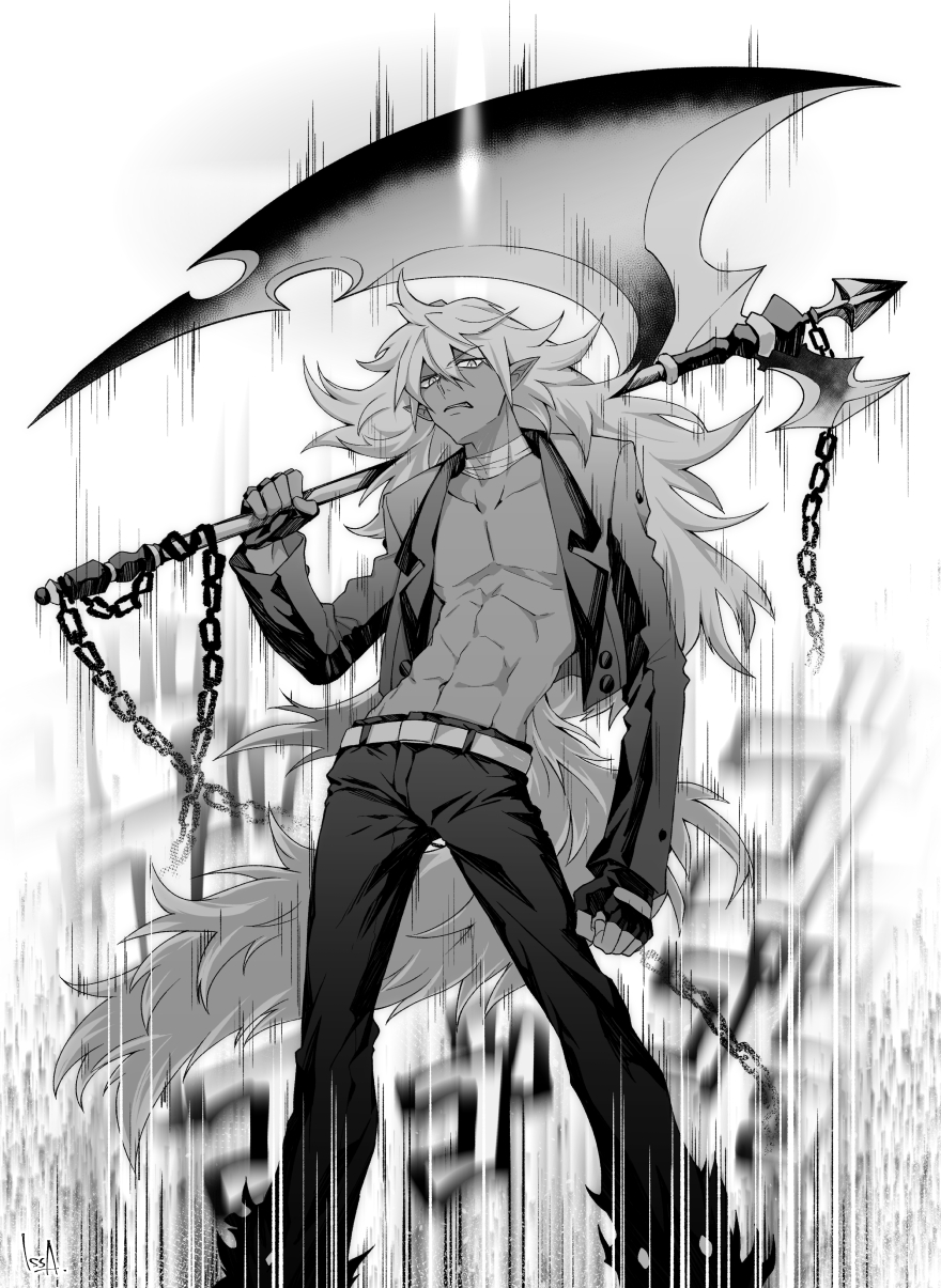 1boy axe disgaea fenrich_(disgaea) fingerless_gloves gloves greyscale highres holding holding_axe issa_(sorako45) jacket long_hair long_sleeves makai_senki_disgaea_4 male_focus monochrome solo tail werewolf white_background wolf_tail