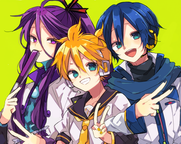 3boys blonde_hair folded_fan folding_fan green_background green_eyes grin hand_fan headphones headset holding holding_fan kagamine_len kaho_0102 kaito_(vocaloid) kamui_gakupo locked_arms long_hair looking_at_viewer male_focus multiple_boys nail_polish necktie open_mouth ponytail purple_eyes purple_hair sailor_collar scarf short_sleeves smile upper_body v vocaloid