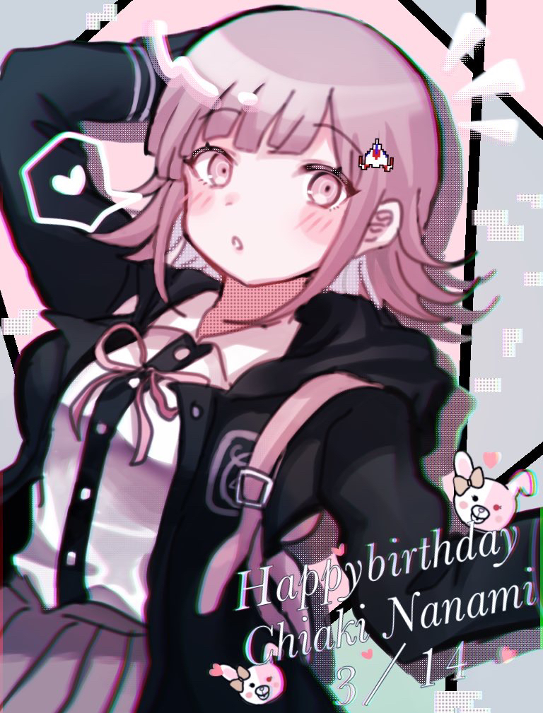 1girl arm_up black_jacket black_shirt blush danganronpa_(series) danganronpa_2:_goodbye_despair dated dress_shirt galaga happy_birthday heart ikemen'na_ore-shi jacket long_sleeves miniskirt monomi_(danganronpa) nanami_chiaki open_clothes open_jacket pink_eyes pleated_skirt shirt skirt spoken_heart two-tone_shirt white_shirt