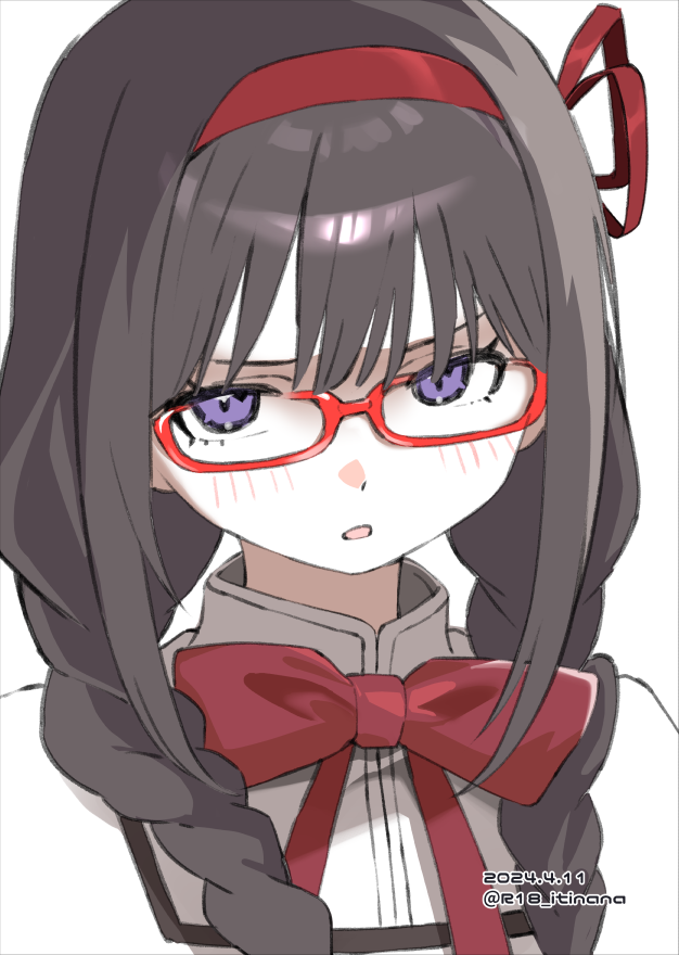 1girl akemi_homura black_hair blush bow bowtie braid glasses hair_ribbon hairband long_hair looking_at_viewer mahou_shoujo_madoka_magica mitakihara_school_uniform mokyutan parted_lips purple_eyes red-framed_eyewear red_bow red_bowtie red_hairband ribbon school_uniform sidelocks simple_background solo twin_braids upper_body white_background