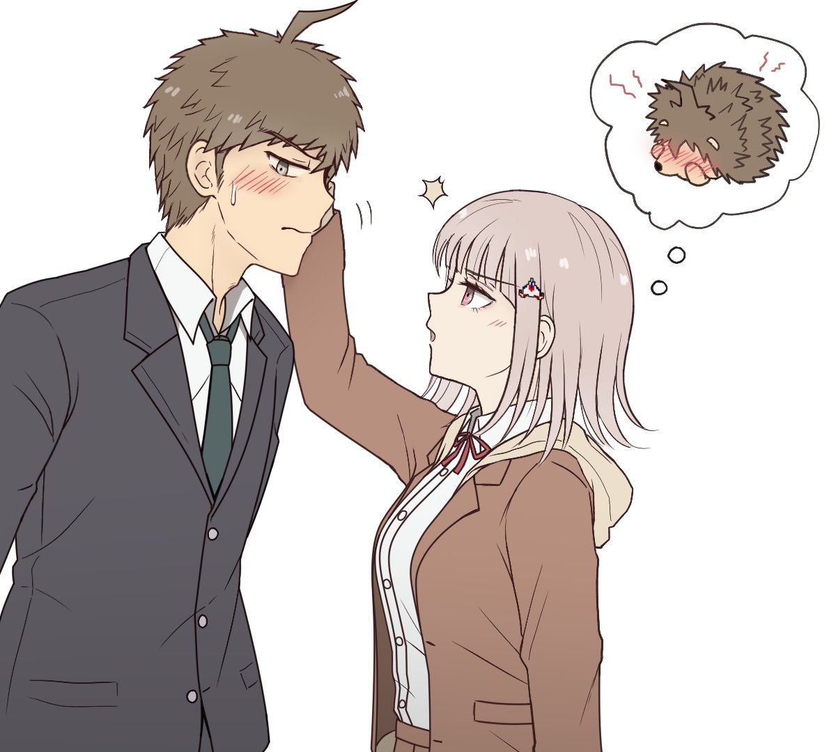 1boy 1girl ahoge black_jacket black_necktie blush brown_hair brown_jacket danganronpa_(series) danganronpa_3_(anime) dress_shirt formal galaga headpat hedgehog hinata_hajime hood hood_down hope's_peak_academy_school_uniform jacket kmnm_1403 light_brown_hair medium_hair nanami_chiaki neck_ribbon necktie open_clothes open_jacket red_ribbon ribbon school_uniform shirt short_hair simple_background spoken_animal sweatdrop thought_bubble upper_body white_background white_shirt