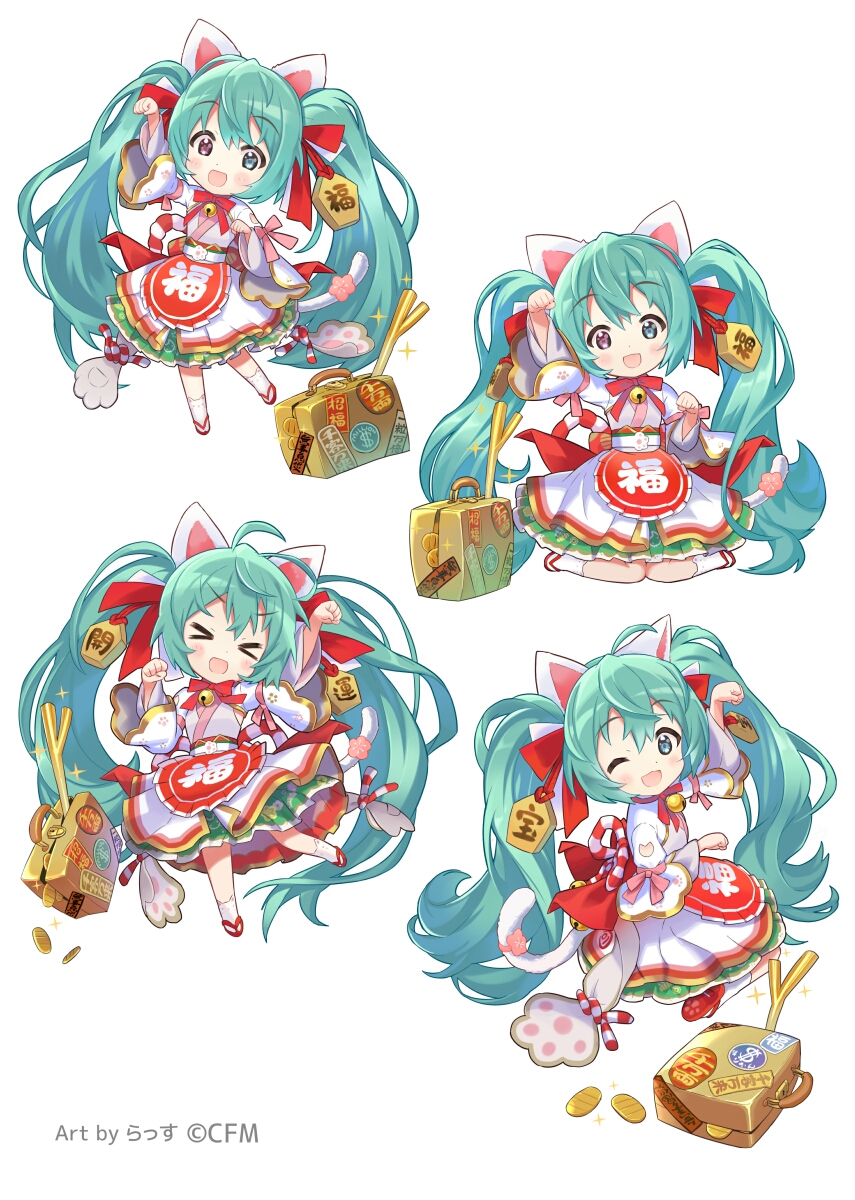 1girl animal_ears apron arm_up bell blue_eyes blue_hair bow bowtie cat cat_ears cat_tail coin ema gold hair_bow hatsune_miku heterochromia highres japanese_clothes jingle_bell kimono koban_(gold) long_hair long_sleeves maneki-neko maneki_miku multiple_views neck_bell open_mouth paw_pose paw_print rassie_s red_apron red_bow red_bowtie sandals simple_background smile socks spring_onion suitcase tabi tail twintails very_long_hair vocaloid white_background white_kimono white_socks wide_sleeves