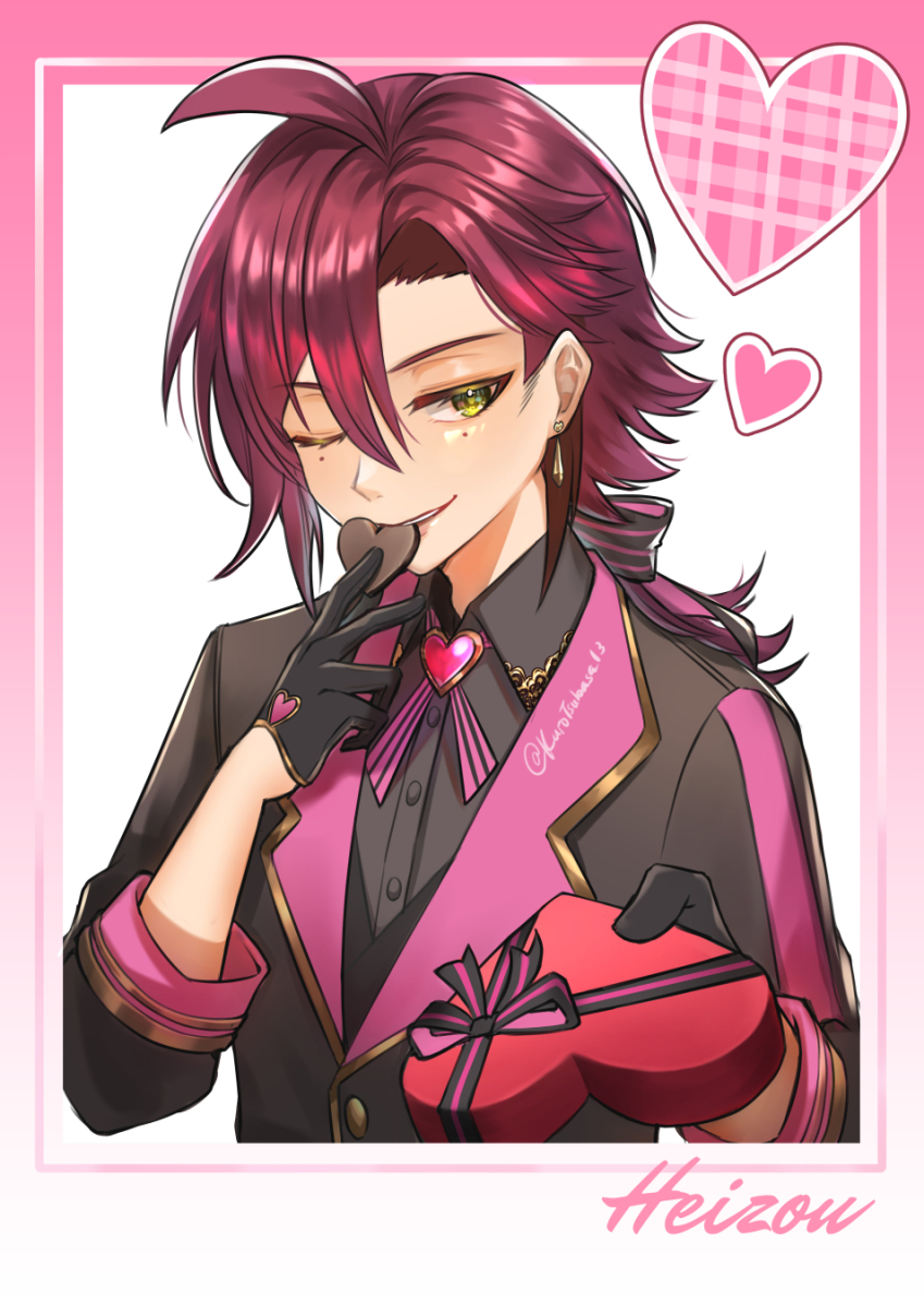 1boy ahoge alternate_costume bishounen black_gloves candy character_name chocolate food genshin_impact gloves green_eyes hair_ribbon heart heart-shaped_chocolate highres kuro_tsubasa looking_at_viewer male_focus mole mole_under_each_eye mole_under_eye multiple_moles one_eye_closed red_hair red_ribbon ribbon shikanoin_heizou solo upper_body valentine