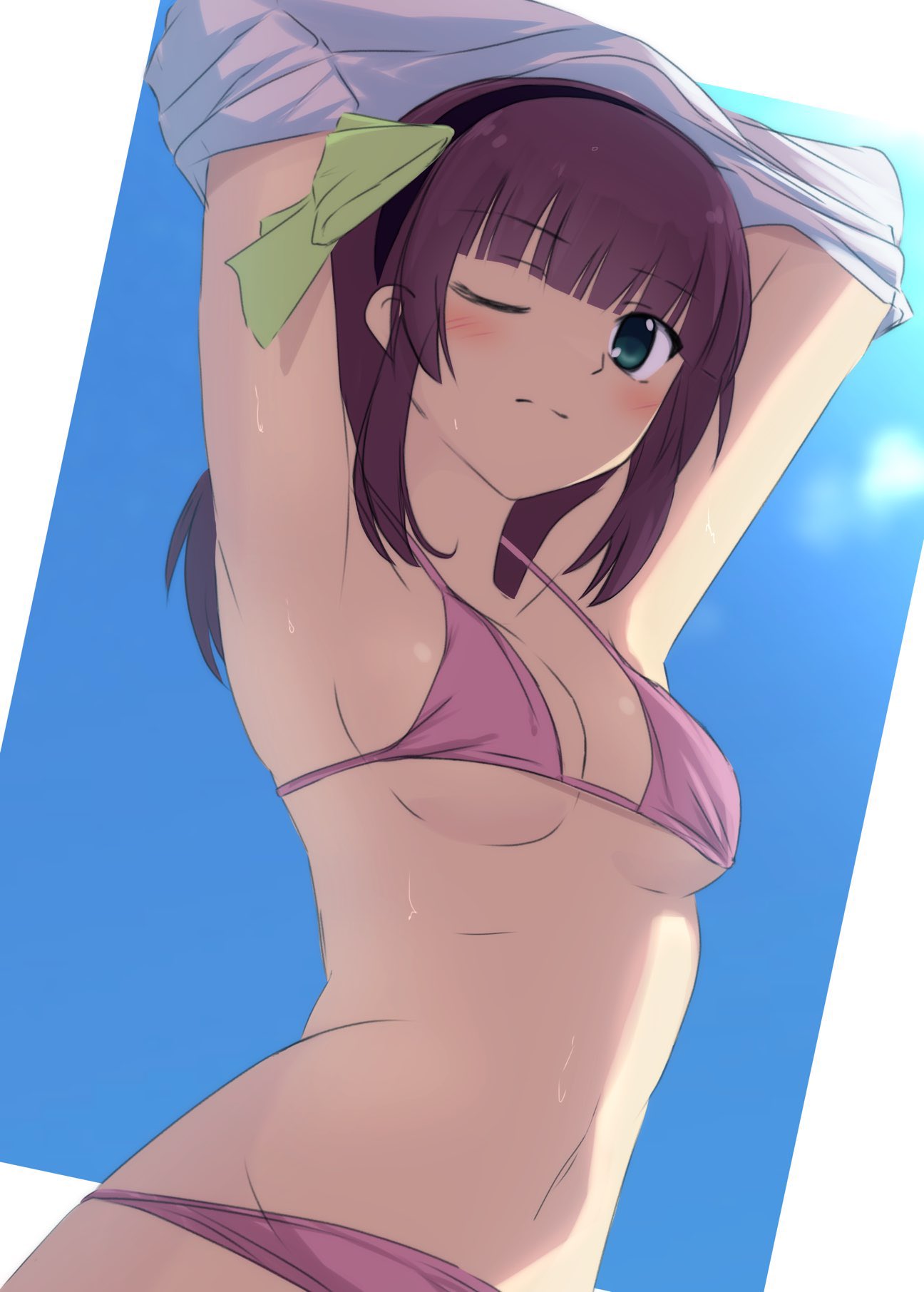 1girl angel_beats! armpits arms_up bikini black_hairband blue_sky blush border bow breasts cleavage closed_mouth commentary curvy green_bow green_eyes hair_bow hairband highres lelie_(lelie_link) looking_at_viewer medium_breasts medium_hair nakamura_yuri navel one_eye_closed pink_bikini purple_hair shirt sidelighting sidelocks simple_background sky solo split_mouth stomach straight_hair sunlight sweat swimsuit underboob undressing upper_body white_border white_shirt