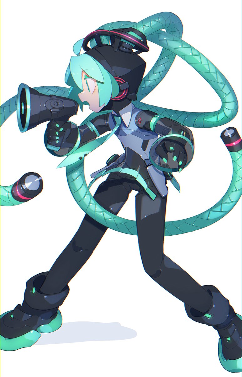 1girl absurdly_long_hair ahoge android aqua_eyes aqua_hair aqua_necktie bare_shoulders black_sleeves bright_pupils cable_hair cheri_zao detached_sleeves from_side full_body hatsune_miku highres holding holding_megaphone joints long_hair mechanical_parts megaphone miniskirt necktie number_tattoo proto_miku_(cheri_zao) robot_girl robot_joints see-through see-through_skirt see-through_sleeves shadow shirt simple_background skirt sleeveless sleeveless_shirt solo standing tattoo very_long_hair vocaloid white_background white_pupils