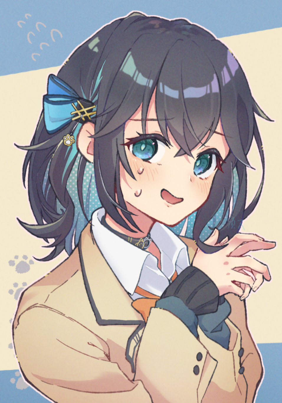 1girl aqua_bow aqua_eyes aqua_hair blazer blush bow bowtie brown_jacket buttons collared_shirt crossed_bangs fingernails flying_sweatdrops grey_choker grey_hair grey_sweater hair_between_eyes hair_bow halftone haru1suama highres jacket long_sleeves looking_at_viewer medium_hair miyamai_moca open_mouth orange_bow orange_bowtie outline own_hands_together pink_outline shirt smile solo sweat sweater upper_body voicepeak white_shirt