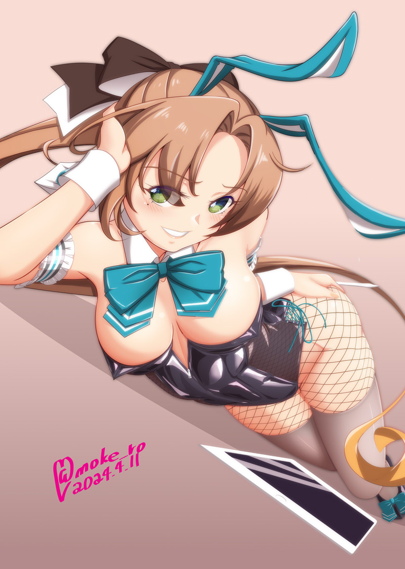 1girl akigumo_(kancolle) akigumo_kai_ni_(kancolle) alternate_costume animal_ears aqua_bow aqua_bowtie black_leotard bow bowtie breasts brown_hair cleavage dated detached_collar feet_out_of_frame fishnet_pantyhose fishnets gradient_background gradient_hair green_eyes grey_thighhighs grin hair_intakes head_on_hand kantai_collection leotard long_hair lying medium_breasts moke_ro multicolored_hair on_side pantyhose parted_bangs playboy_bunny ponytail rabbit_ears smile solo strapless strapless_leotard tablet_pc thighhighs twitter_username wrist_cuffs