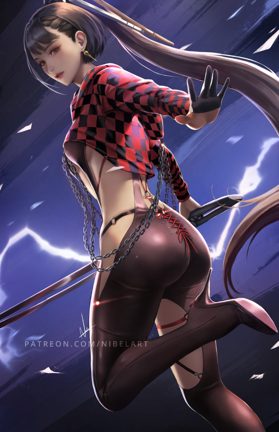 1girl ass black_bodysuit black_gloves black_hair bodysuit breasts brown_eyes checkered_clothes clothing_cutout cropped_hoodie dangle_earrings earrings english_commentary eve_(stellar_blade) gloves gold_earrings half_gloves high_heels highres holding holding_sword holding_weapon hood hoodie jewelry long_hair looking_at_viewer looking_back medium_breasts nibelart parted_lips partially_fingerless_gloves patreon_username ponytail racer's_high_(stellar_blade) red_hoodie simple_background solo standing standing_on_one_leg stellar_blade sword very_long_hair weapon