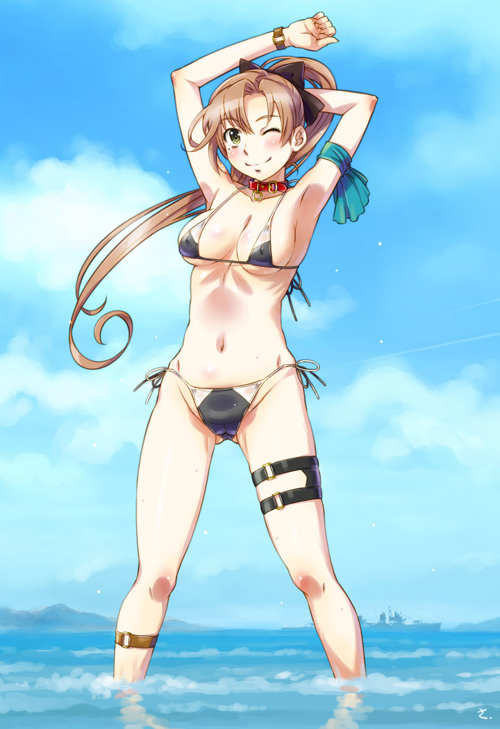 1girl akigumo_(kancolle) arm_behind_head armpits arms_up ass_visible_through_thighs bikini black_bikini blue_sky breasts brown_hair cameltoe collar day destroyer green_eyes hair_ribbon kantai_collection long_hair medium_breasts military_vehicle mole mole_under_eye navel ocean one_eye_closed outdoors ponytail ribbon sameha_ikuya ship side-tie_bikini_bottom sky smile solo standing string_bikini swimsuit thigh_strap two-tone_bikini very_long_hair wading warship watercraft white_bikini