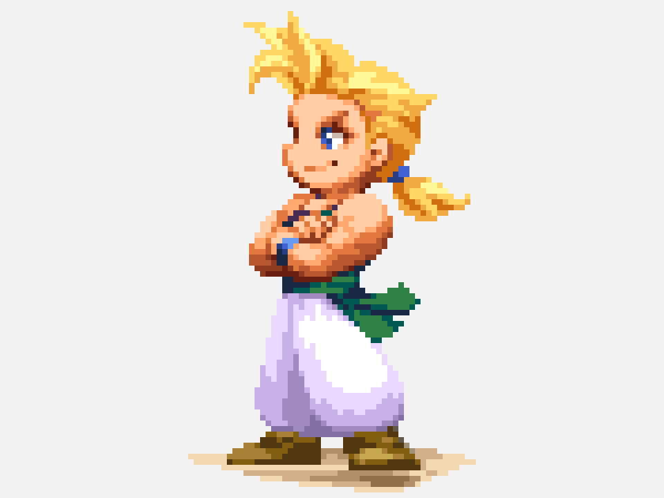 1boy baggy_pants bare_arms blonde_hair blue_eyes blue_wrist_cuffs brown_footwear crossed_arms final_fantasy final_fantasy_vi forehead green_sash hair_pulled_back muscular muscular_male pants pixel_art pixelflag ponytail sabin_rene_figaro sash smile v-shaped_eyebrows white_pants wrist_cuffs