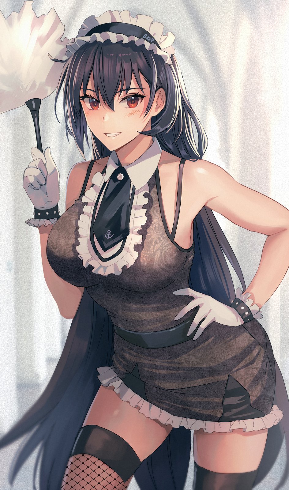 1girl alternate_costume black_dress black_hair cleaning cowboy_shot curtains detached_collar dress duplicate duster enmaided fishnet_thighhighs fishnets gloves hair_between_eyes highres indoors kantai_collection kasumi_(skchkko) long_hair maid maid_headdress nagato_(kancolle) red_eyes shirt short_dress sleeveless sleeveless_shirt solo thighhighs white_gloves