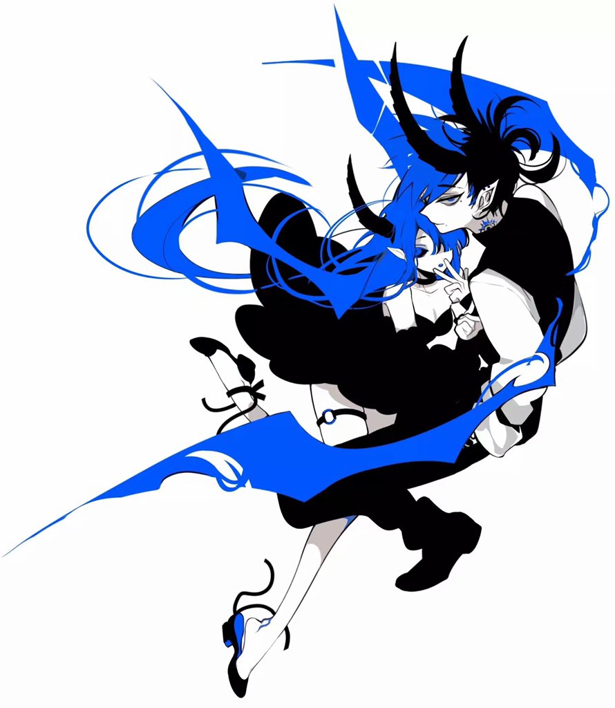 1boy 1girl asymmetrical_bangs bare_legs black_choker black_dress black_footwear black_garter black_hair black_horns black_pants black_vest blue_eyeshadow blue_hair blue_lips blue_wings blunt_bangs breasts choker cleavage closed_eyes couple demon_boy demon_girl demon_horns demon_wings dress eyeshadow full_body hair_over_one_eye hetero high_heels horns lipstick long_hair long_sleeves makeup makunqaq multicolored_hair o-ring_garter_belt original pants parted_lips shirt short_dress short_hair short_ponytail simple_background strapless strapless_dress two-tone_hair very_long_hair vest white_background white_shirt white_sleeves wings