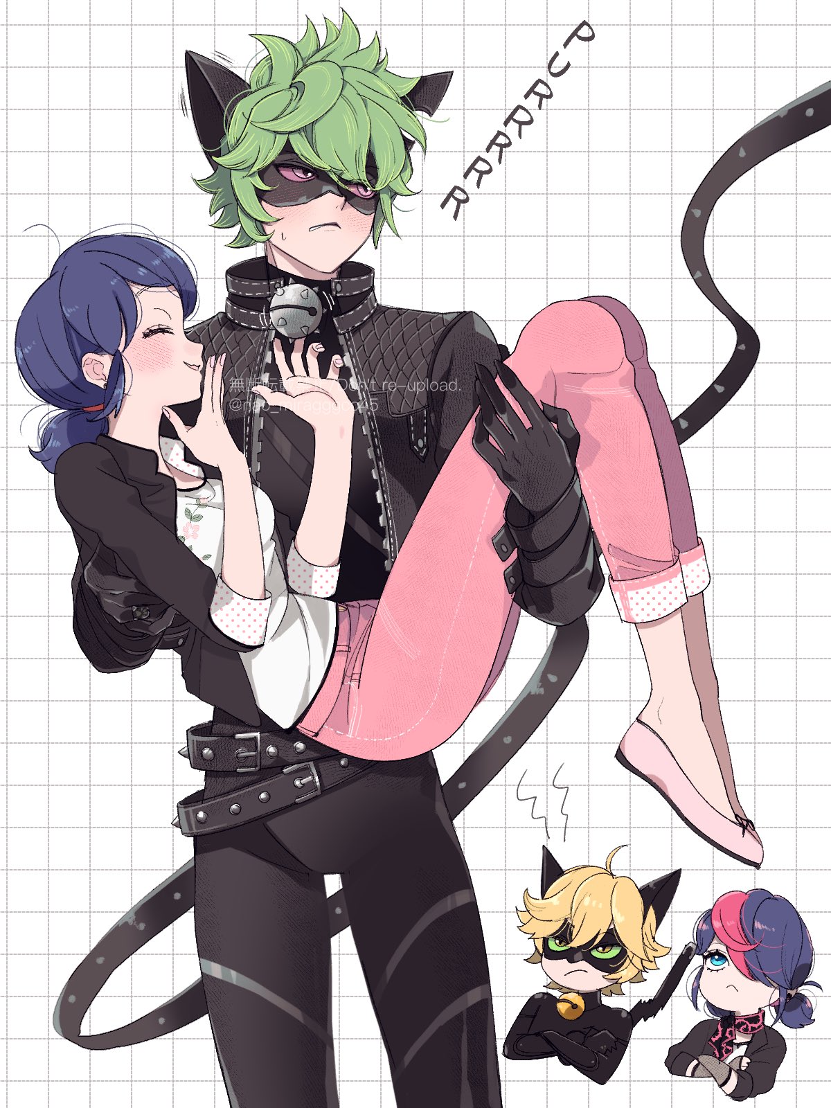 2boys 2girls adrien_agreste angry animal_ears bell black_bodysuit black_jacket black_mask blazer blonde_hair blue_eyes blue_hair blush bodysuit carrying cat_boy cat_ears cat_tail chat_noir chibi claw_noir closed_eyes closed_mouth green_eyes highres jacket jingle_bell leather leather_jacket marinette_dupain-cheng miraculous_ladybug multiple_boys multiple_girls open_clothes open_jacket pants pink_footwear pink_pants princess_carry purple_eyes seio_(nao_miragggcc45) simple_background slit_pupils smile tail upper_body white_background