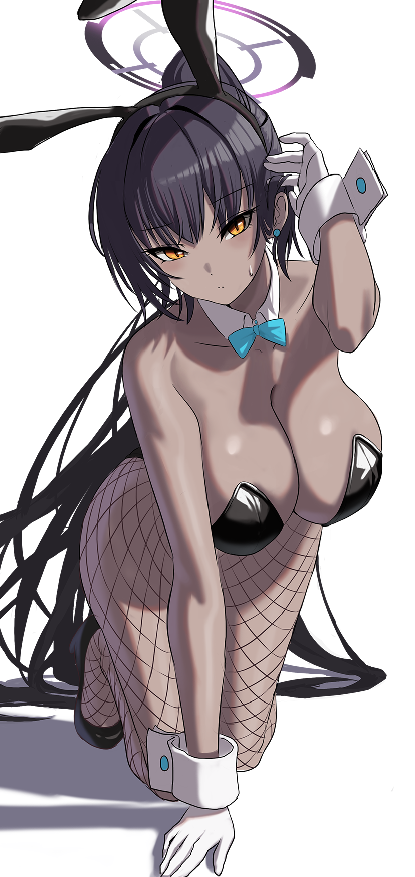 1girl all_fours animal_ears black_hair black_leotard blue_archive blue_bow blue_bowtie bow bowtie breasts cleavage dark-skinned_female dark_skin detached_collar enun fake_animal_ears fishnet_pantyhose fishnets halo hand_in_own_hair hand_up high_ponytail highres karin_(blue_archive) karin_(bunny)_(blue_archive) kneehighs large_breasts leotard long_hair looking_at_viewer official_alternate_costume pantyhose playboy_bunny purple_halo rabbit_ears socks strapless strapless_leotard traditional_bowtie white_background yellow_eyes