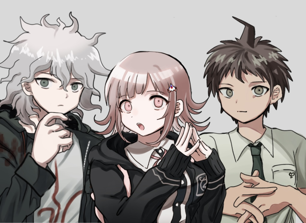 1girl 2boys :o ahoge black_jacket black_shirt breast_pocket breasts brown_hair danganronpa_(series) danganronpa_2:_goodbye_despair dress_shirt galaga green_jacket green_necktie grey_hair grey_shirt hair_ornament hinata_hajime ikemen'na_ore-shi jacket komaeda_nagito large_breasts long_sleeves medium_hair multiple_boys nanami_chiaki neck_ribbon necktie open_clothes open_jacket own_hands_together pink_eyes pocket print_shirt ribbon shirt teeth upper_body upper_teeth_only