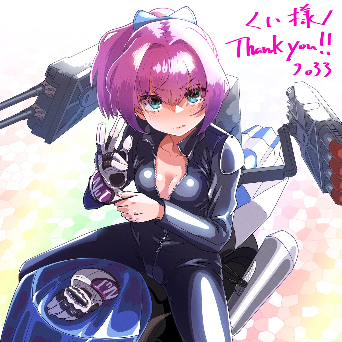 1girl aqua_eyes badluck2033 biker_clothes bikesuit bodysuit breasts cleavage commission gloves highres kantai_collection looking_at_viewer motor_vehicle motorcycle pink_hair ponytail shiranui_(kancolle) short_ponytail single_glove skeb_commission small_breasts solo suzuki_gsx-r1000 unzipped