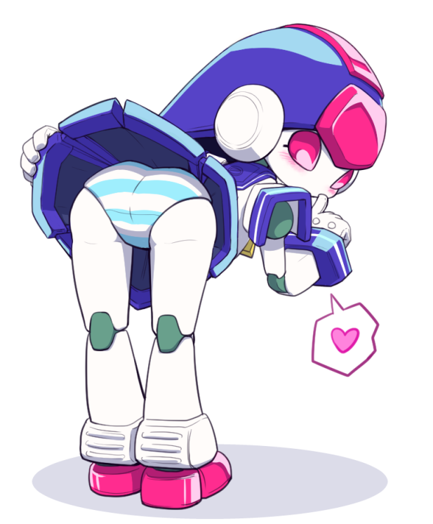 1girl ass clothes_lift heart helmet humanoid_robot medarot no_humans no_mouth nollety panties pink_eyes robot robot_girl sailormate simple_background skirt skirt_lift solo striped_clothes striped_panties underwear white_background