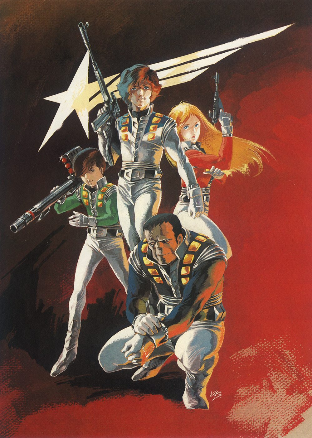 1980s_(style) 1girl 3boys alfin beam_rifle belt black_hair blonde_hair boots brown_hair crusher_joe emblem energy_gun gloves highres insignia jacket joe_(crusher_joe) long_hair looking_at_viewer manly multiple_boys painting_(medium) ray_gun retro_artstyle ricky_(crusher_joe) rocket_launcher scan science_fiction shooting_star_(symbol) signature size_difference squatting talos_(crusher_joe) traditional_media uniform weapon yasuhiko_yoshikazu