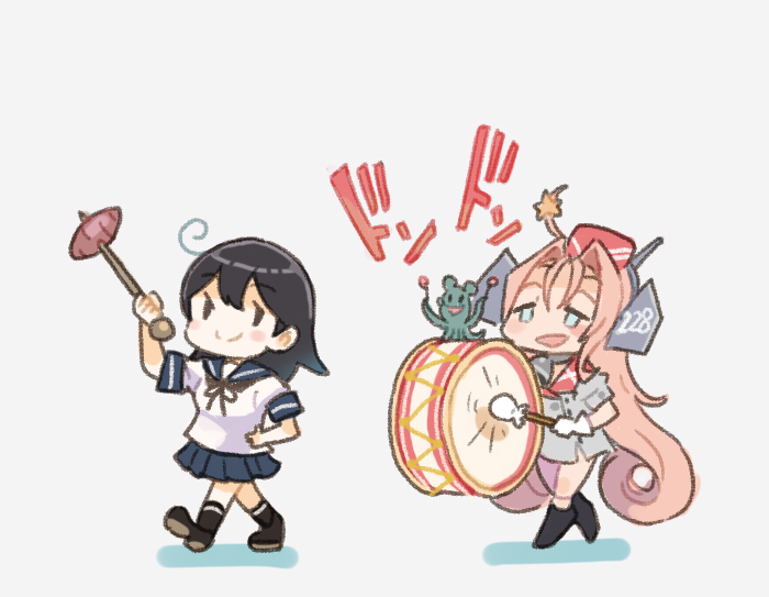 2girls ahoge black_hair blue_eyes drum drum_(kancolle) drumsticks food garrison_cap hair_ornament hair_rings hat headgear instrument kantai_collection long_hair multiple_girls name_connection object_namesake pink_hair red_hat saiguchi_otoufu school_uniform serafuku smile star_(symbol) star_hair_ornament star_ornament sweet_potato ushio_(kancolle)