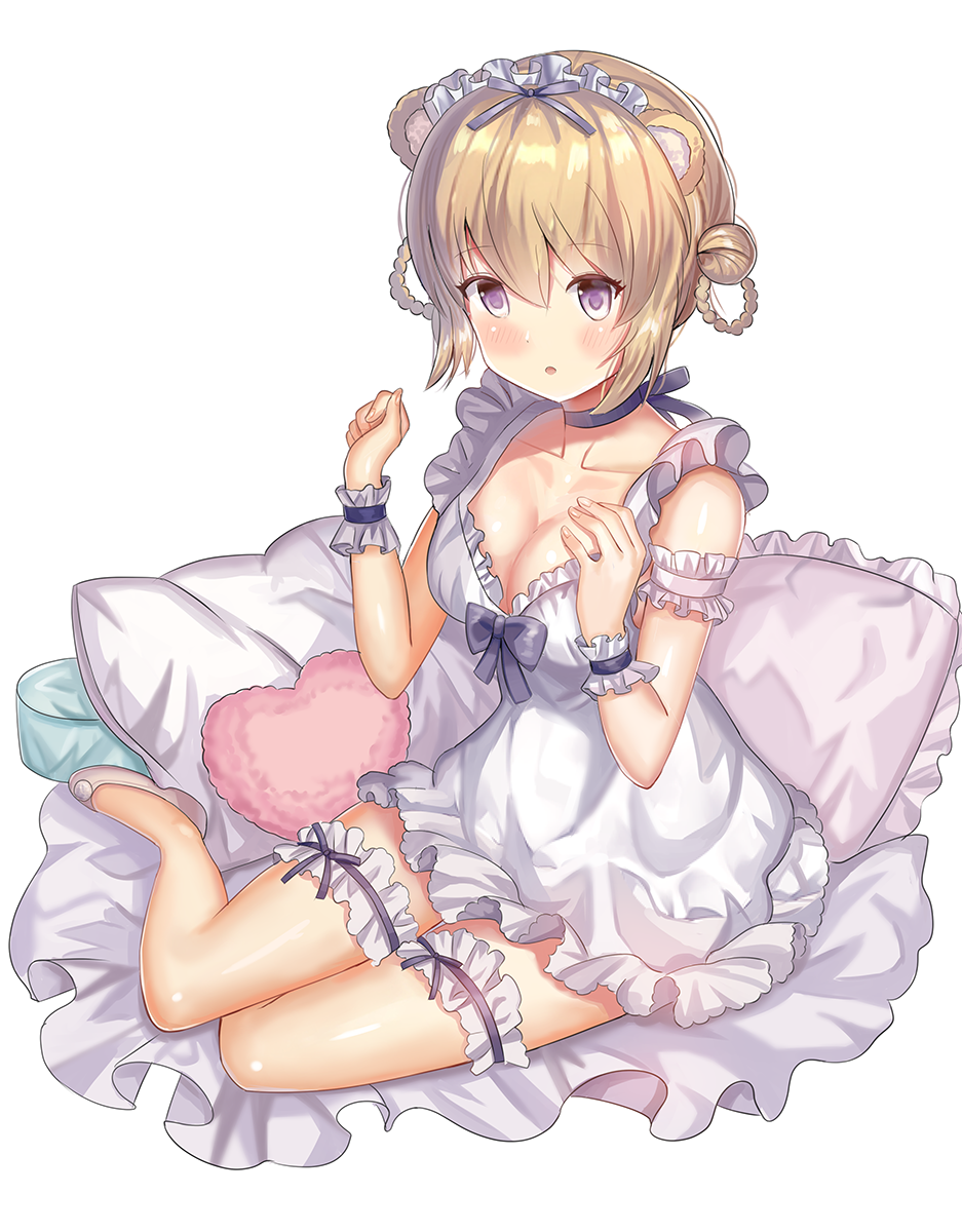 1girl :o ame_sagari animal_ears armband bare_legs bear_ears blonde_hair blush bow bow_choker bowtie braided_hair_rings breasts bridal_garter choker cleavage clenched_hand collarbone commentary double_bun dress eyelashes fingernails frilled_armband frilled_dress frilled_garter frilled_hairband frilled_wrist_cuffs frills full_body hair_bun hair_ribbon hairband heart heart-shaped_pillow high_heels highres large_breasts looking_ahead loungewear on_bed open_mouth original pillow pumps purple_bow purple_bowtie purple_choker purple_eyes purple_garter purple_ribbon purple_wrist_cuffs ribbon ribbon_legwear short_dress simple_background sitting sleeveless sleeveless_dress solo v-neck white_armband white_background white_dress white_footwear white_hairband wrist_cuffs