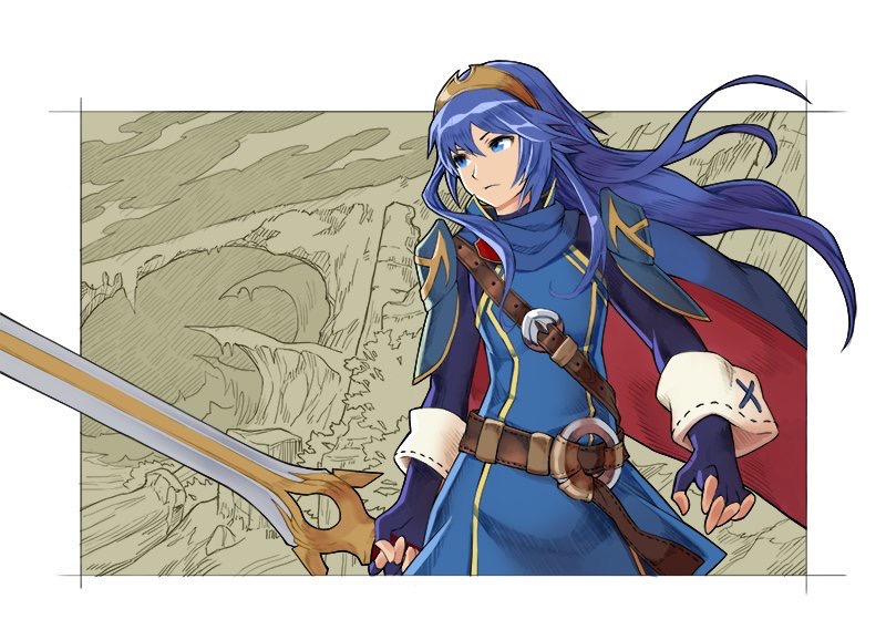 1girl armor belt blue_eyes blue_hair border cape closed_mouth cowboy_shot danryoku_r fingerless_gloves fire_emblem fire_emblem_heroes floating_hair gloves holding holding_sword holding_weapon long_hair long_sleeves lucina_(fire_emblem) monochrome_background outside_border shoulder_armor shoulder_belt solo standing sword tiara weapon white_border