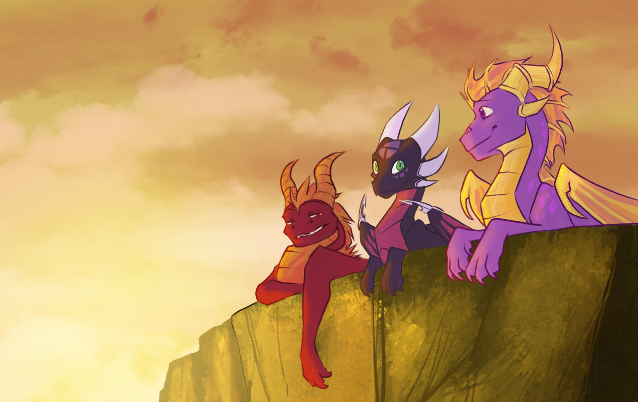 2_horns activision cynder digital_media_(artwork) dragon female feral flame_(spyro) group horn male mythological_creature mythological_scalie mythology scalie smile smirk spyro spyro_the_dragon sunset tail the_legend_of_spyro trio wings xannador