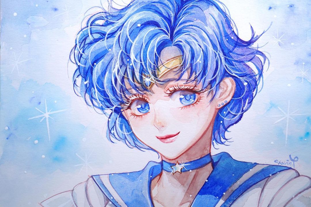 1girl bishoujo_senshi_sailor_moon blue_choker blue_eyes blue_sailor_collar blue_theme choker circlet close-up closed_mouth commentary earrings jewelry karin_park korean_commentary looking_to_the_side magical_girl mizuno_ami sailor_collar sailor_mercury short_hair signature smile solo sparkle upper_body