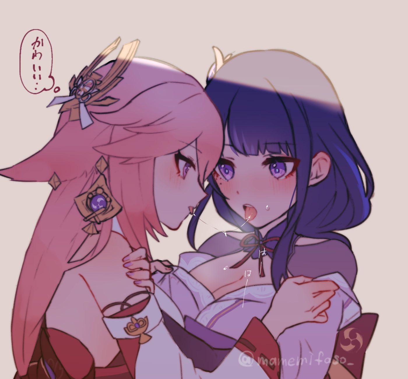 2girls animal_ears bare_shoulders blunt_bangs blush breasts cleavage ear_blush earrings face-to-face from_side genshin_impact hair_between_eyes hair_ornament hand_on_another's_shoulder headpiece highres japanese_clothes jewelry long_hair looking_at_another mano_(m1n0f2e1) mitsudomoe_(shape) mole mole_under_eye multiple_girls pink_hair purple_eyes purple_hair raiden_shogun saliva saliva_trail shade simple_background thought_bubble tomoe_(symbol) tongue tongue_out twitter_username yae_miko yuri