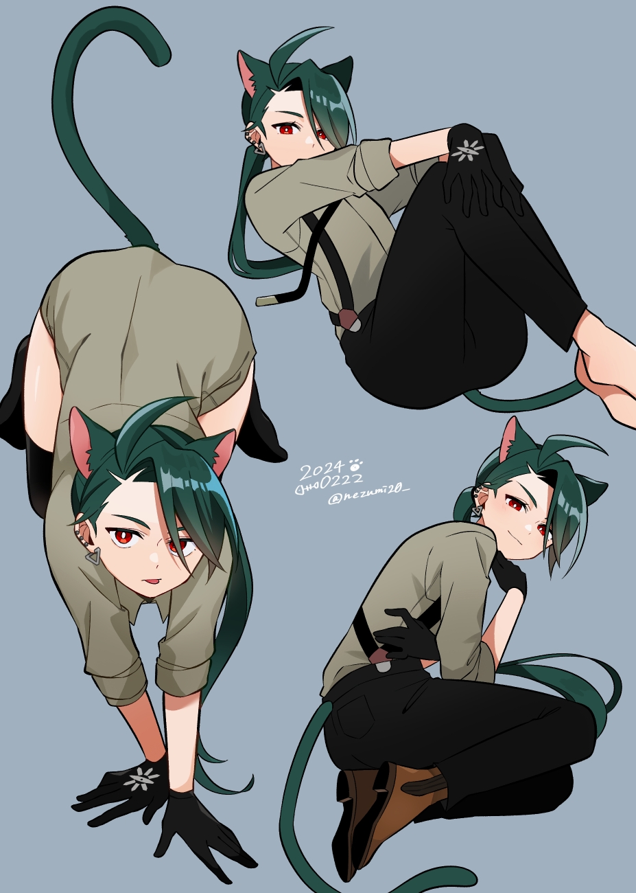 1girl androgynous animal_ears black_gloves black_necktie black_pants bright_pupils cat_ears cat_tail collared_shirt commentary_request genjitsu_o_miro gloves green_hair grey_shirt highres kemonomimi_mode multiple_views necktie pants pokemon pokemon_sv reverse_trap rika_(pokemon) shirt suspenders tail white_pupils