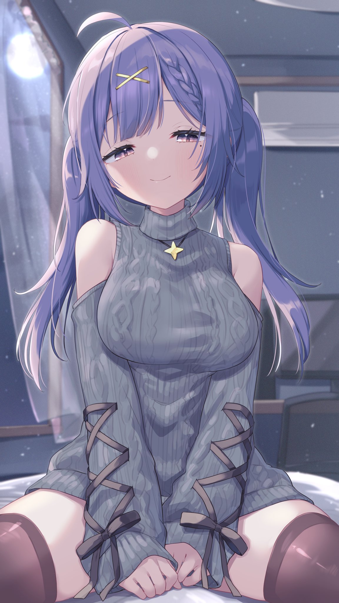 1girl ahoge aran_sweater black_ribbon braid breasts cable_knit closed_mouth clothing_cutout hair_ornament highres indie_virtual_youtuber jewelry ksk_(semicha_keisuke) long_hair mole mole_under_eye moon necklace purple_eyes purple_hair ribbon second-party_source shoulder_cutout sleeves_past_wrists smile solo spread_legs star_(symbol) star_necklace sweater thighhighs turtleneck turtleneck_sweater twintails virtual_youtuber window x_hair_ornament yunico_(vtuber)
