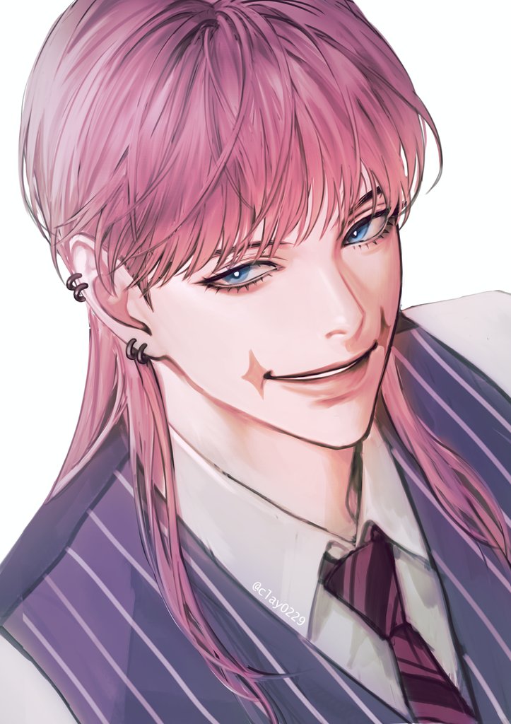 1boy blue_eyes clay0229 collared_shirt ear_piercing eyelashes from_above looking_at_viewer male_focus necktie parted_lips piercing pink_hair portrait purple_necktie purple_vest sanzu_haruchiyo scar scar_on_face shirt simple_background smirk solo striped_clothes teeth tokyo_revengers twitter_username upper_teeth_only vest white_shirt