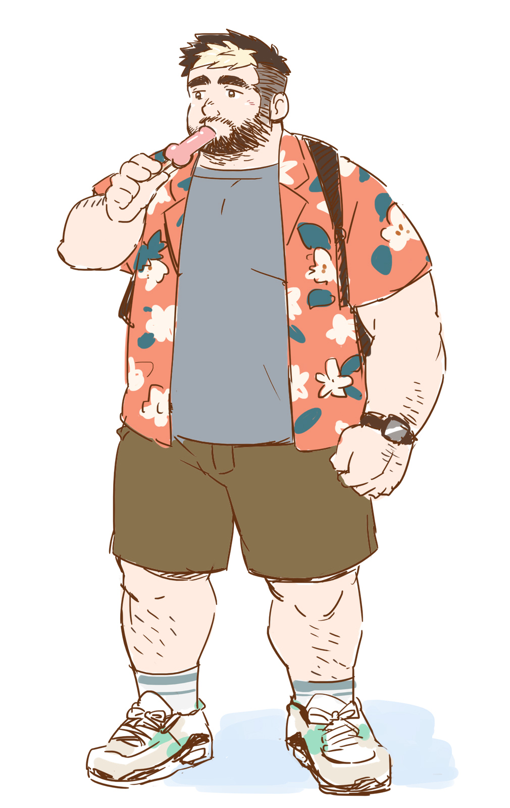 1boy bara beard belly eating facial_hair full_beard full_body hand_hair hawaiian_shirt highres male_focus multicolored_hair muscular muscular_male original penis-shaped_food plump sexually_suggestive shirt shoes short_hair short_shorts shorts sneakers solo sparse_arm_hair sparse_leg_hair standing streaked_hair suv_(suv032) thick_eyebrows unfinished white_hair