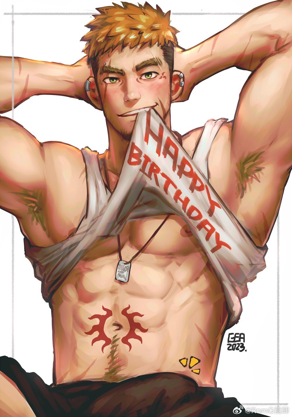 1boy abs armpit_hair armpits artist_request bara blonde_hair bulge clothes_in_mouth come_hither commission cowboy_shot erection erection_under_clothes facial_hair goatee gyee happy_birthday highres looking_at_viewer male_focus mouth_hold muscular muscular_male navel navel_hair nipples notice_lines original pectorals romg scar scar_across_eye second-party_source seductive_smile shirt_in_mouth short_hair short_shorts shorts sidepec smile solo stomach tank_top thick_eyebrows undercut underpec white_tank_top