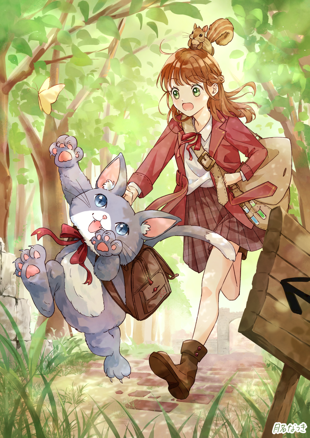 1girl :o animal_on_head backpack bag blue_eyes braid brown_footwear brown_hair bug butterfly cat day grass green_eyes handbag highres jacket long_hair on_head original outdoors red_jacket red_ribbon ribbon running shirt sign skirt squirrel tree tsukina_natsuki vial white_shirt yellow_butterfly