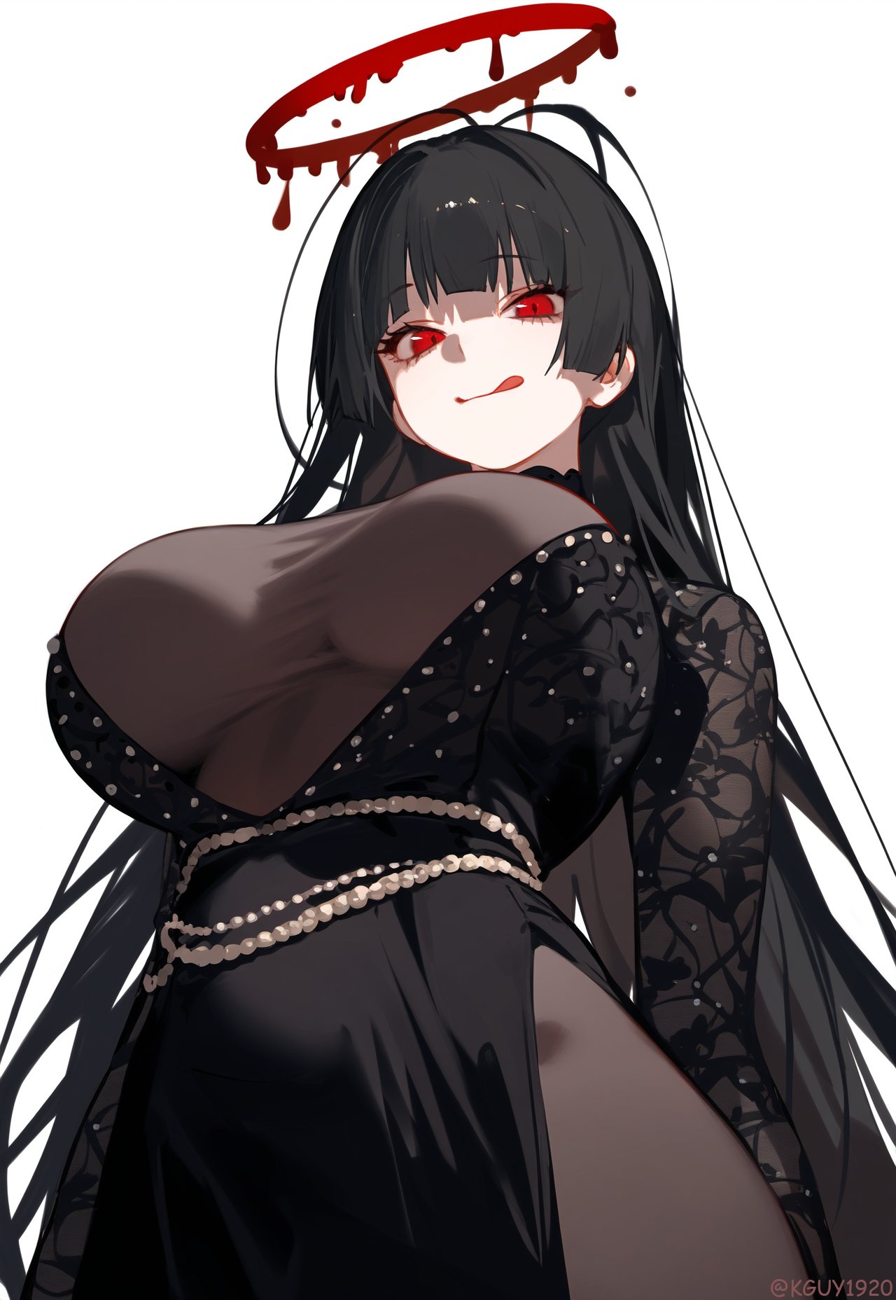 antenna_hair black_hair blood_halo blue_archive breasts cleavage dress from_above halo highres kguy1920 large_breasts looking_at_viewer looking_down melting_halo pelvic_curtain red_eyes red_halo tongue tongue_out tsurugi_(blue_archive)