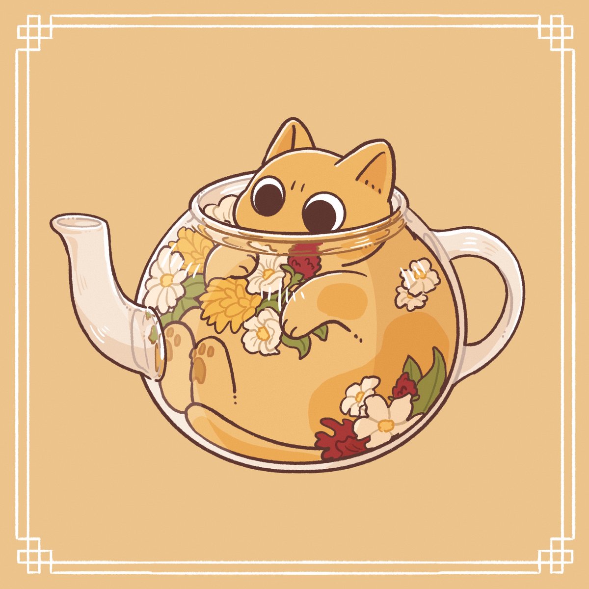 animal_focus border cat commentary_request flower glass_container glass_teapot highres iguana_taisa inset_border jasmine_(flower) no_humans orange_background orange_cat orange_theme original ornate_border red_flower teapot white_flower yellow_flower