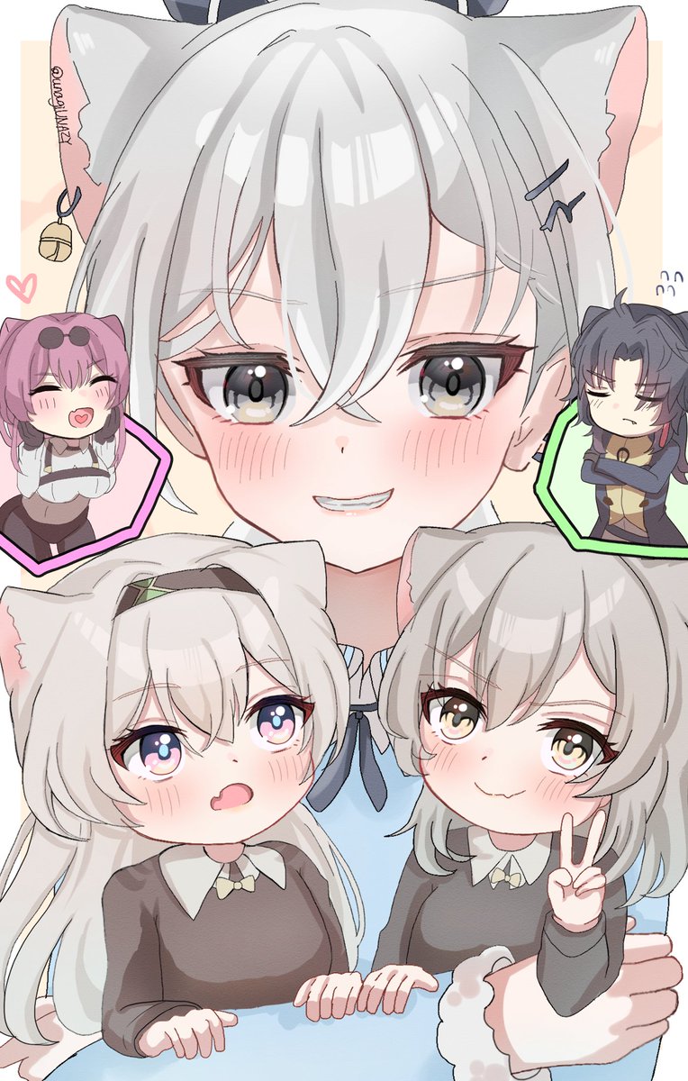 1boy 4girls animal_ears black_hair blade_(honkai:_star_rail) blush bow bowtie breasts cat_ears chest_harness chibi chuuna_(unagiunazy) closed_eyes collared_shirt earrings fang firefly_(honkai:_star_rail) gloves grey_hair hair_between_eyes harness highres honkai:_star_rail honkai_(series) jewelry kafka_(honkai:_star_rail) long_hair looking_at_viewer multiple_girls open_mouth purple_hair round_eyewear shirt silver_wolf_(honkai:_star_rail) smile stelle_(honkai:_star_rail) sweater trailblazer_(honkai:_star_rail) two-tone_eyes v white_shirt yellow_eyes