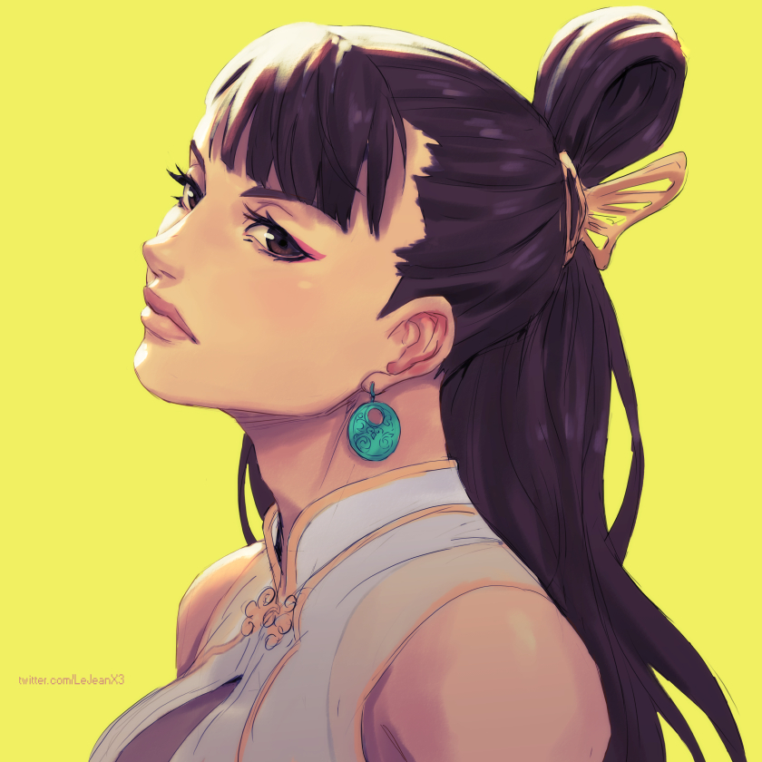 1girl blunt_bangs chun-li disappointed earrings eyeshadow hair_ornament hairclip high_collar jewelry lipstick makeup monochrome official_alternate_costume official_alternate_hairstyle ponytail red_eyeshadow rejean_dubois simple_background solo street_fighter