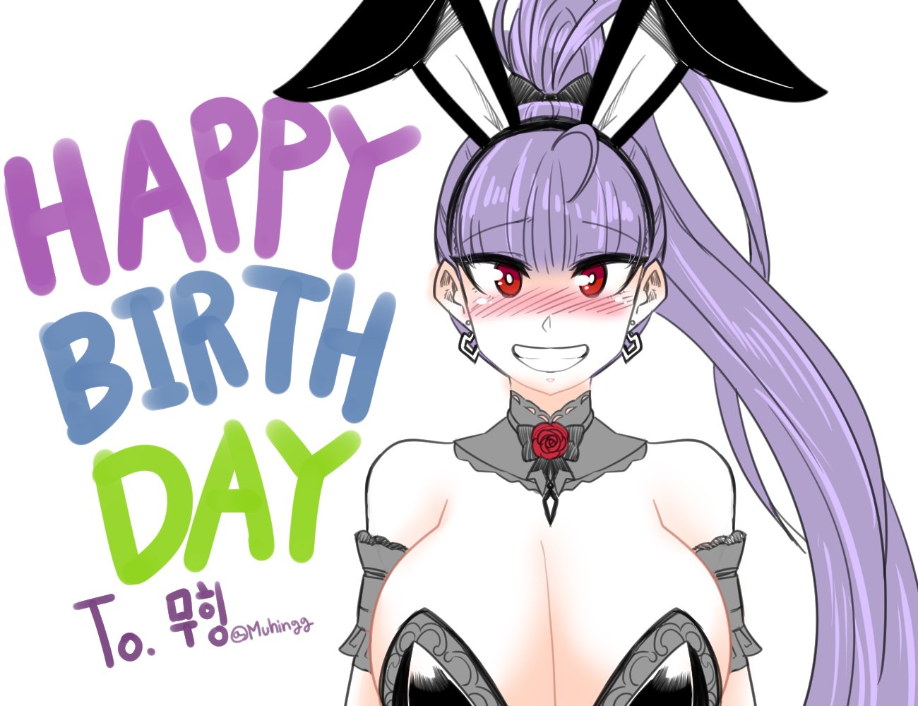 1girl animal_ears armband black_hairband blunt_bangs blush breasts commentary detached_collar earrings fake_animal_ears grin hairband happy_birthday high_ponytail huge_breasts jewelry mu94894747 original playboy_bunny ponytail purple_hair rabbit_ears red_eyes smile solo